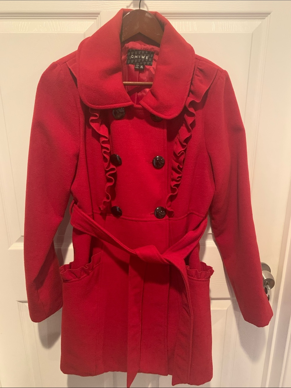 Chime Red Ruffle-Trim Double-Breasted Pea Coat